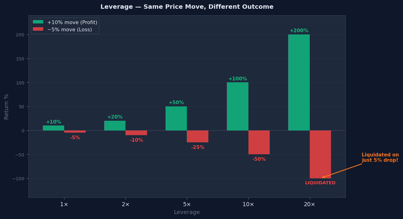 Leverage risk chart showing how 1x, 2x, 5x, 10x and 20x leverage amplifies both gains and losses on the same price move